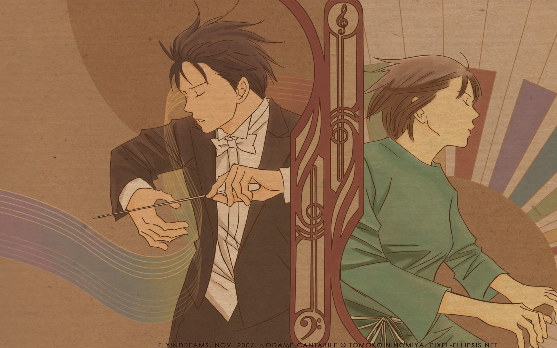 chiaki shin'ichi, noda megumi, nodame cantabile, highres, 00s, 1boy, 1girl, back-to-back, brown hair, collared shirt, formal clothes, from side, jacket, long sleeves, open clothes, open jacket, profile, shirt, short hair, suit, upper body, white shirt
