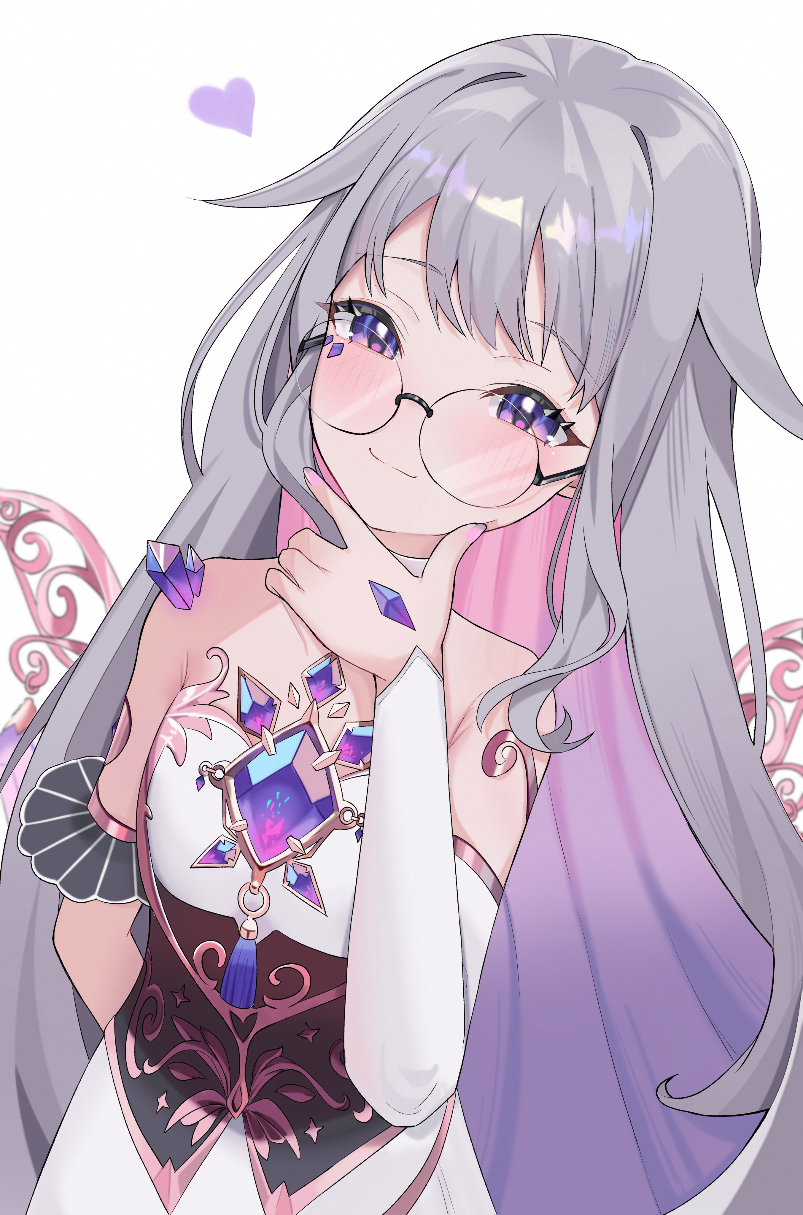 castellayaki, koseki bijou, koseki bijou (1st costume), hololive, hololive english, absurdres, highres, 1girl, black corset, chest jewel, closed mouth, colored inner hair, corset, detached sleeves, dress, gem, glasses, gradient hair, grey hair, hand on own chin, heart, jewel under eye, long hair, looking at viewer, material growth, metal wings, multicolored hair, pink hair, purple eyes, purple gemstone, purple hair, round eyewear, simple background, single detached sleeve, solo, virtual youtuber, white background, white dress