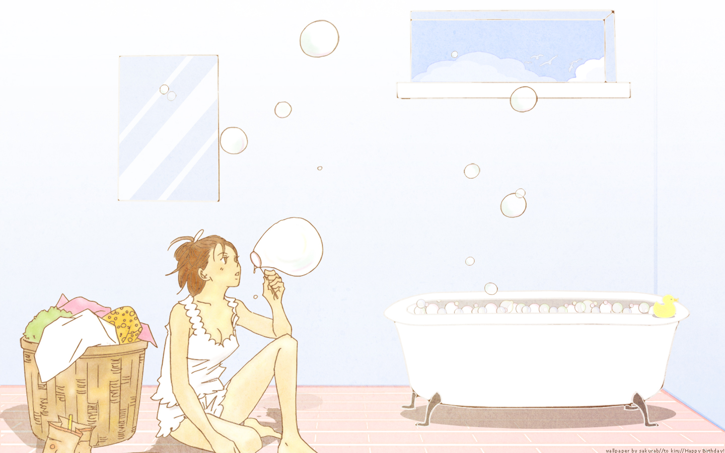 noda megumi, nodame cantabile, 00s, 1girl, bare shoulders, basket, bathroom, bathtub, blush, breasts, brown hair, cleavage, collarbone, dress, female focus, flat color, foam, high ponytail, indoors, ponytail, short hair, sitting, sleeveless, sleeveless dress, solo, unworn clothes, white dress