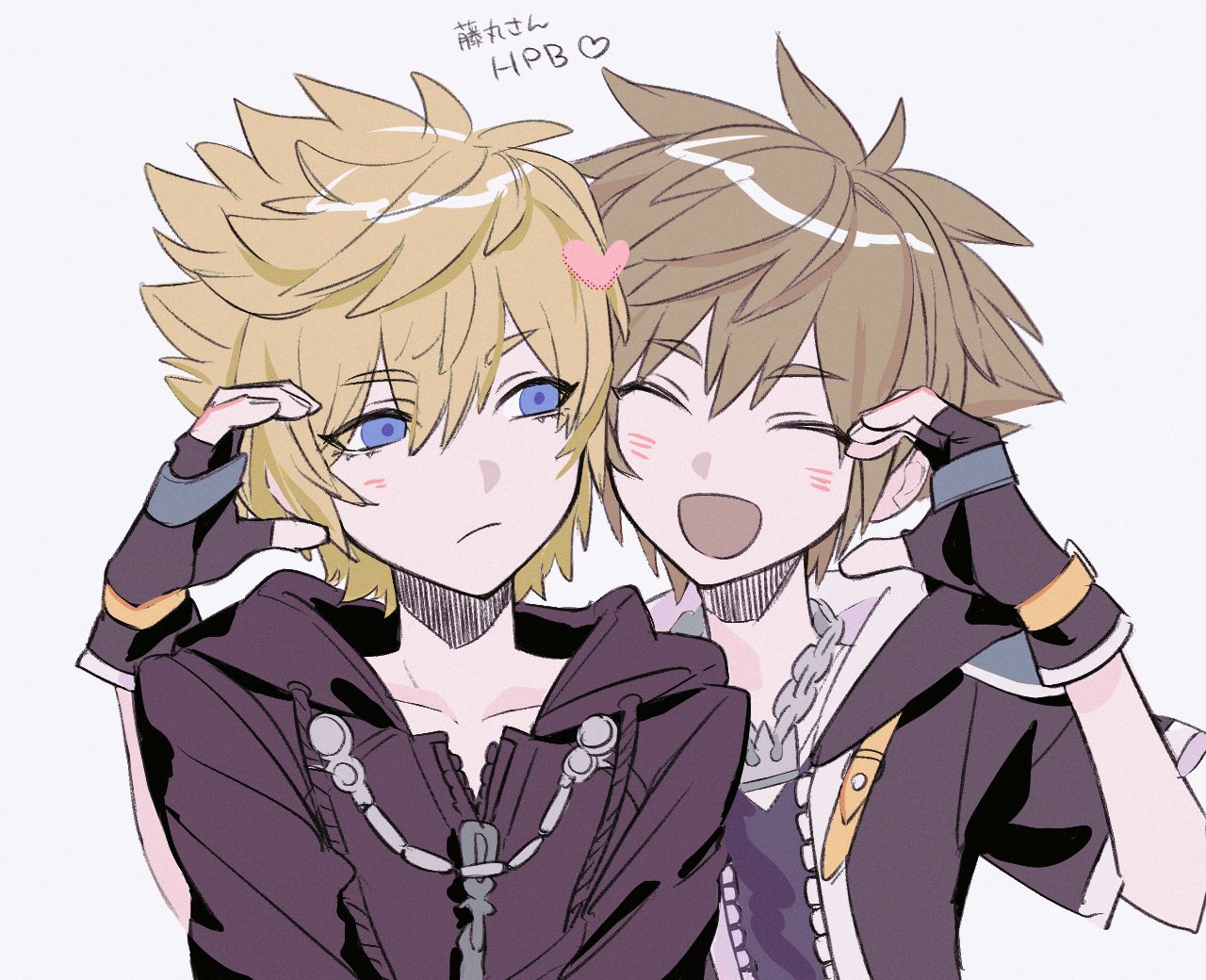 tsuba 258, roxas, sora (kingdom hearts), kingdom hearts, kingdom hearts ii, 2boys, black jacket, black robe, blonde hair, blue eyes, brown hair, chain, chain necklace, closed eyes, closed mouth, fingerless gloves, gloves, hair between eyes, heart, heart hands, hood, hood down, hooded robe, jacket, jewelry, light blush, light frown, male focus, multiple boys, necklace, open mouth, robe, short hair, smile, spiked hair, upper body, white background