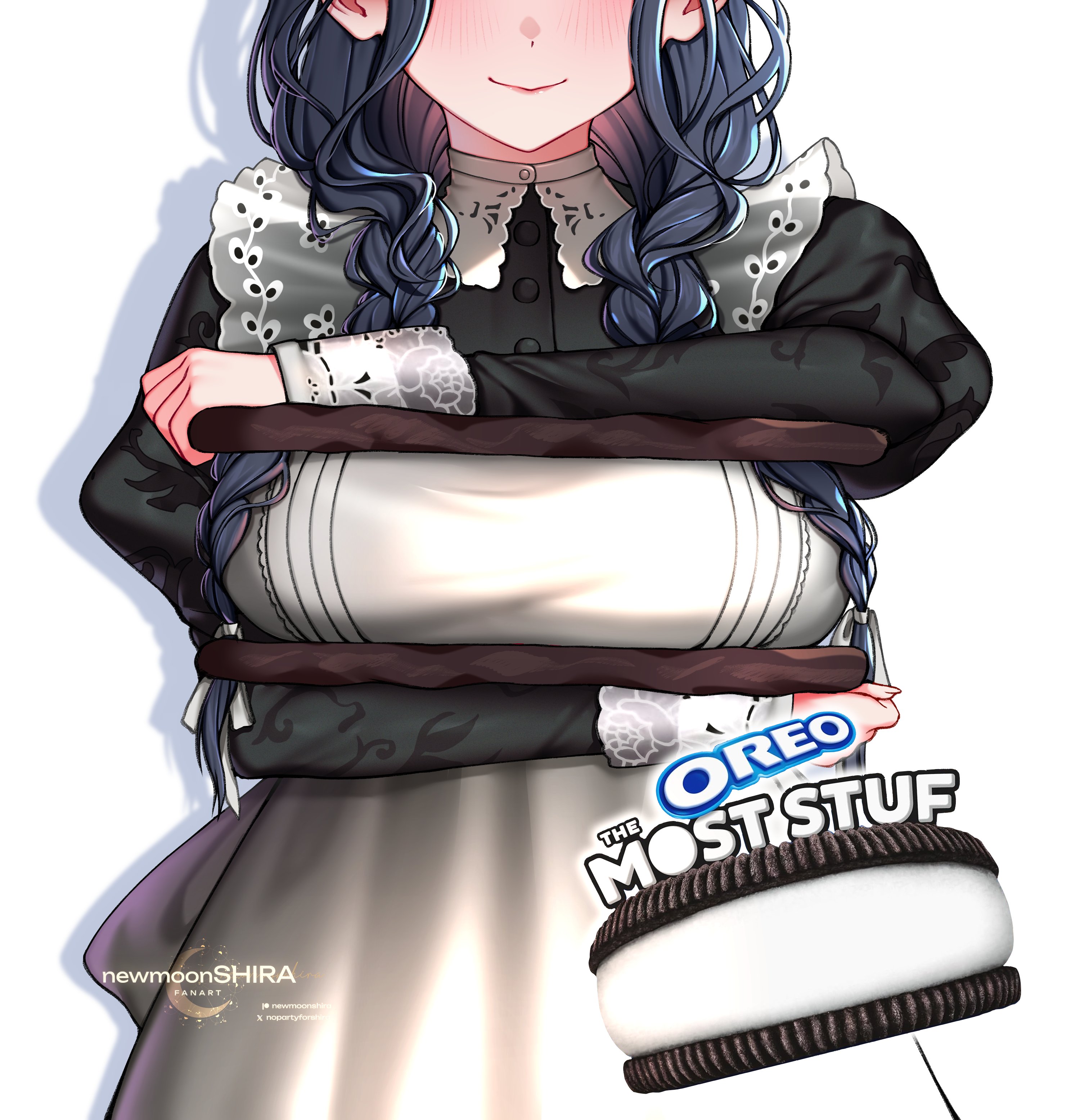 newmoonshira, ouro kronii, ouro kronii (maid), hololive, hololive english, absurdres, commentary, english commentary, highres, 1girl, apron, artist name, black dress, black hair, braid, breasts, closed mouth, dress, hair ribbon, large breasts, long hair, looking at viewer, low twin braids, maid apron, meme, official alternate costume, official alternate hairstyle, oreo, ribbon, shioreos (meme), simple background, smile, solo, twin braids, virtual youtuber, white apron, white background, white ribbon