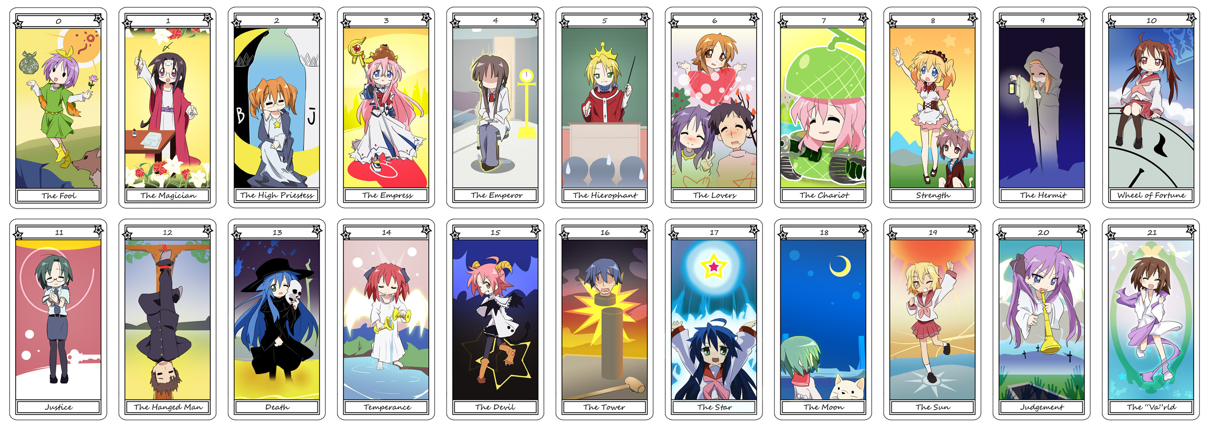 ixy, amahara fuyuki, asahina mikuru, cherry (lucky star), clerk nagato, hiiragi kagami, hiiragi matsuri, hiiragi miki, hiiragi tadao, hiiragi tsukasa, iwasaki minami, izumi kanata, izumi konata, izumi soujirou, kobayakawa yutaka, kogami akira, kuroi nanako, kusakabe misao, minegishi ayano, nagamori yamato, nagato yuki, narumi yui, patricia martin, sakuraba hikaru, shiraishi minoru, takamachi nanoha, takara miyuki, takara yukari, tamura hiyori, yasaka kou, lucky star, lyrical nanoha, mahou shoujo lyrical nanoha, suzumiya haruhi no yuuutsu, vehicle, highres, long image, wide image, 3boys, 6+girls, age difference, asahina mikuru (cosplay), card, card (medium), cat, caterpillar tracks, cosplay, english text, engrish text, everyone, family, father and daughter, food, fruit, glasses, mature female, melon, melon (fruit), military, military vehicle, mother and daughter, motor vehicle, multiple boys, multiple girls, nagato yuki (cosplay), parody, ranguage, star (symbol), takamachi nanoha (cosplay), tank, tarot, tarot (medium), tarot set
