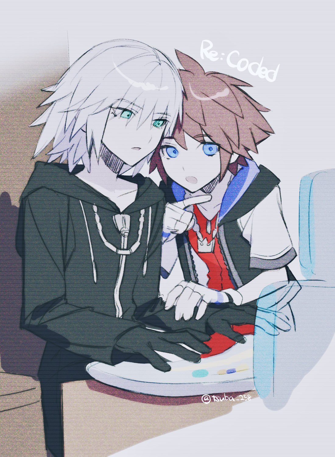 tsuba 258, riku (kingdom hearts), sora (kingdom hearts), kingdom hearts, highres, 2boys, aqua eyes, black gloves, black robe, blue eyes, brown hair, chain, chain necklace, gloves, grey hair, hair between eyes, holding another's wrist, hood, hood down, hooded robe, jewelry, male focus, medium hair, multiple boys, necklace, open mouth, parted lips, pointing, robe, short hair, spiked hair, twitter username, typing, upper body