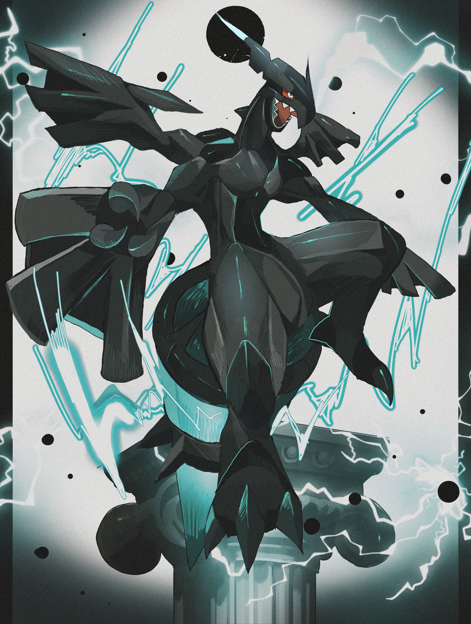 reo (mmocc123), zekrom, nintendo, pokemon, pokemon bw, highres, colored sclera, column, dragon, electricity, fangs, full body, gen 5 pokemon, legendary pokemon, no humans, open mouth, pillar, pokemon (creature), pokemon focus, red eyes, red sclera, sharp teeth, solo, teeth