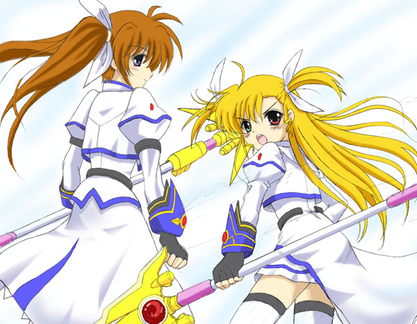 flipper, raising heart, raising heart (exceed mode), takamachi nanoha, takamachi nanoha (aggressor mode), takamachi nanoha (exceed mode), vivio, lyrical nanoha, mahou shoujo lyrical nanoha, mahou shoujo lyrical nanoha strikers, blonde hair, blush, brown hair, cosplay, fingerless gloves, gloves, hair ribbon, heterochromia, long hair, purple eyes, ribbon, skirt, staff, takamachi nanoha (cosplay), thighhighs, twintails, zettai ryouiki