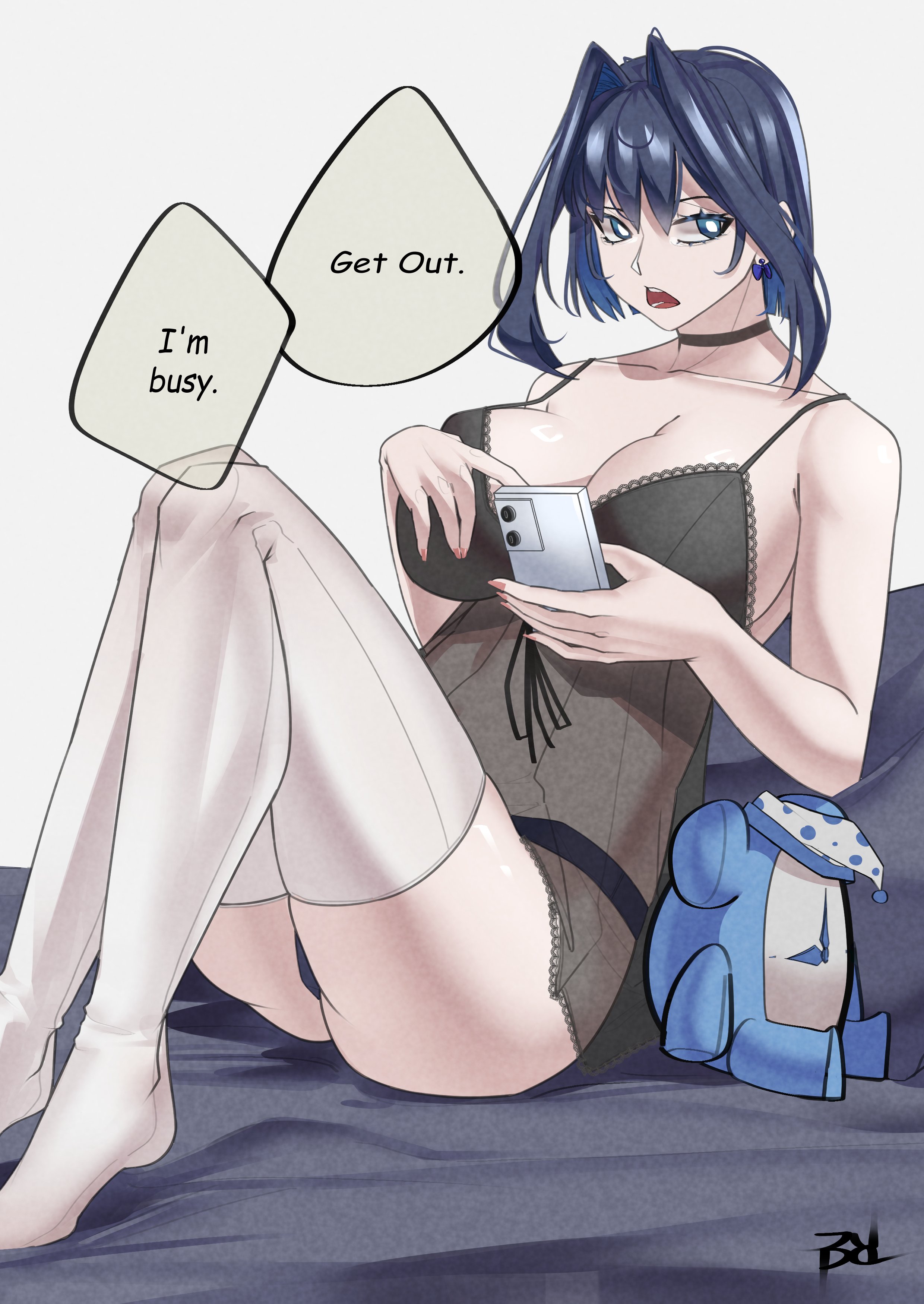 juuuudo, kronie (ouro kronii), ouro kronii, hololive, hololive english, absurdres, hashtag-only commentary, highres, 1girl, babydoll, black hair, black panties, blue eyes, bow, bow earrings, breasts, cellphone, earrings, english text, hair intakes, holding, holding phone, jewelry, knees up, lace-trimmed babydoll, lace trim, large breasts, medium hair, open mouth, panties, phone, see-through babydoll, see-through clothes, sitting, smartphone, thighhighs, underwear, virtual youtuber, white thighhighs