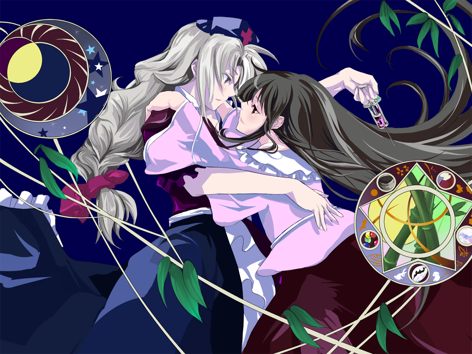 mosuke, houraisan kaguya, yagokoro eirin, kannazuki no miko, touhou, highres, 2girls, black hair, blue eyes, braid, brown eyes, eye contact, female focus, hair ornament, hair ribbon, hat, hug, long hair, looking at another, miko embrace, multiple girls, parody, ponytail, ribbon, single braid, syringe, very long hair, white hair, yuri