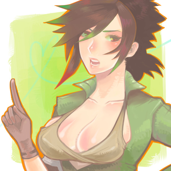bad id, bad pixiv id, 1girl, blush, breasts, brown hair, cleavage, female focus, gloves, large breasts, open clothes, open shirt, pointing, shirt, solo