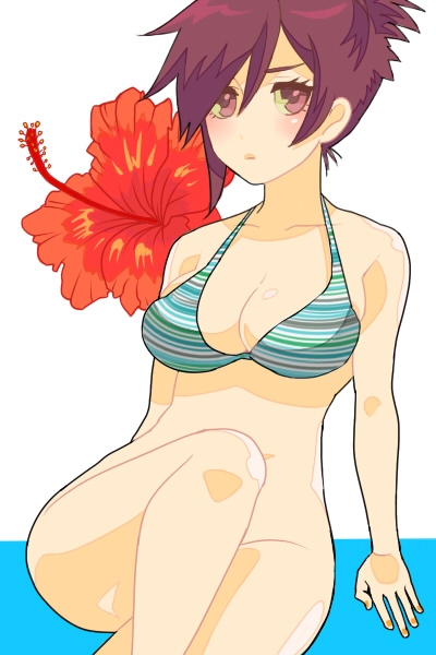 tosaka-maru, bad id, bad pixiv id, 1girl, arm support, bikini, bottomless, breasts, brown eyes, brown hair, cleavage, female focus, flower, hibiscus, medium breasts, short hair, solo, striped bikini, striped clothes, swimsuit