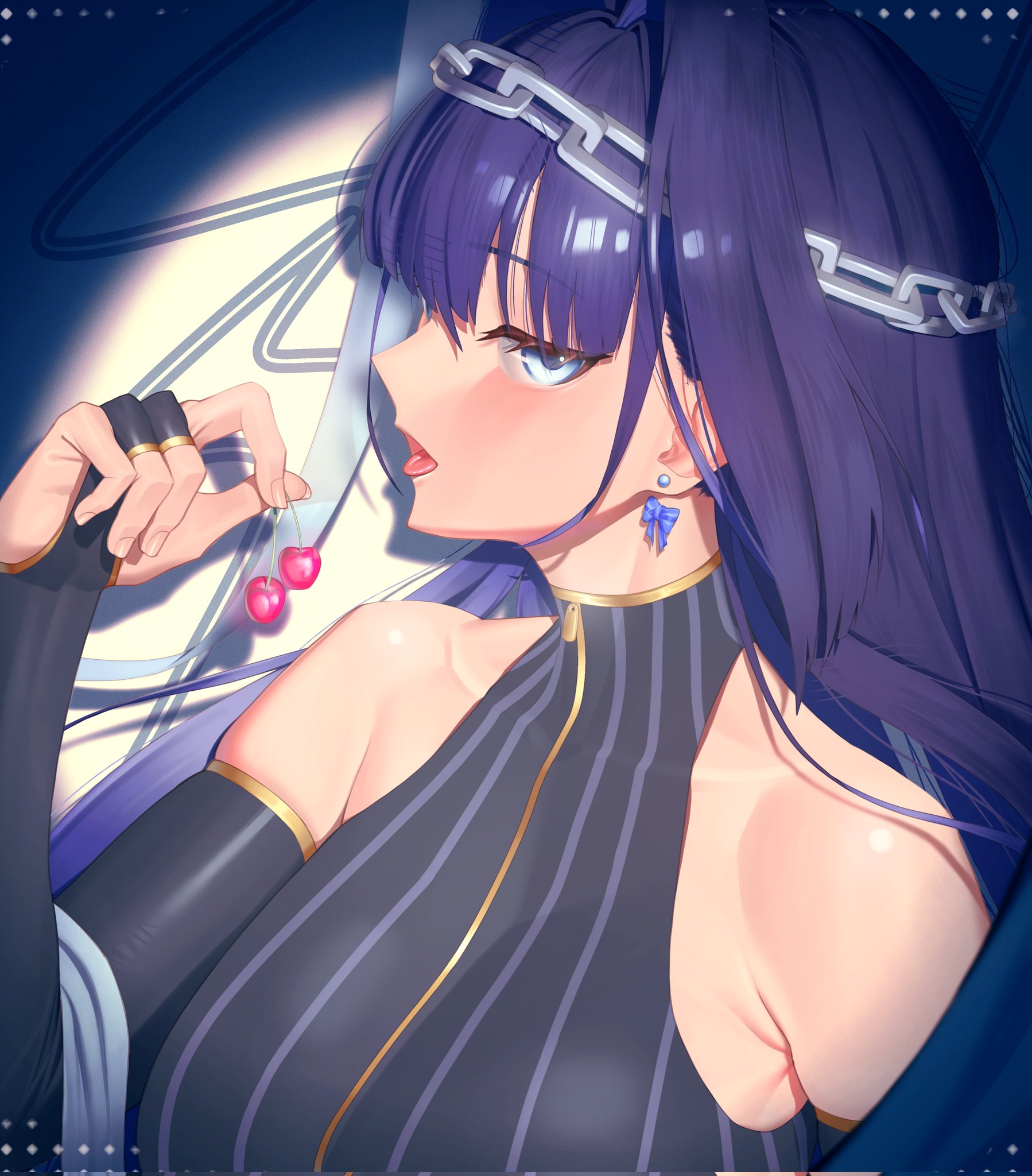 ethernia345, ouro kronii, hololive, hololive english, hashtag-only commentary, highres, 1girl, black bridal gauntlets, black hair, blue eyes, bow, bow earrings, breasts, bridal gauntlets, chain, chain headband, cherry, earrings, food, fruit, holding cherry, jewelry, large breasts, open mouth, solo, tongue, tongue out, virtual youtuber
