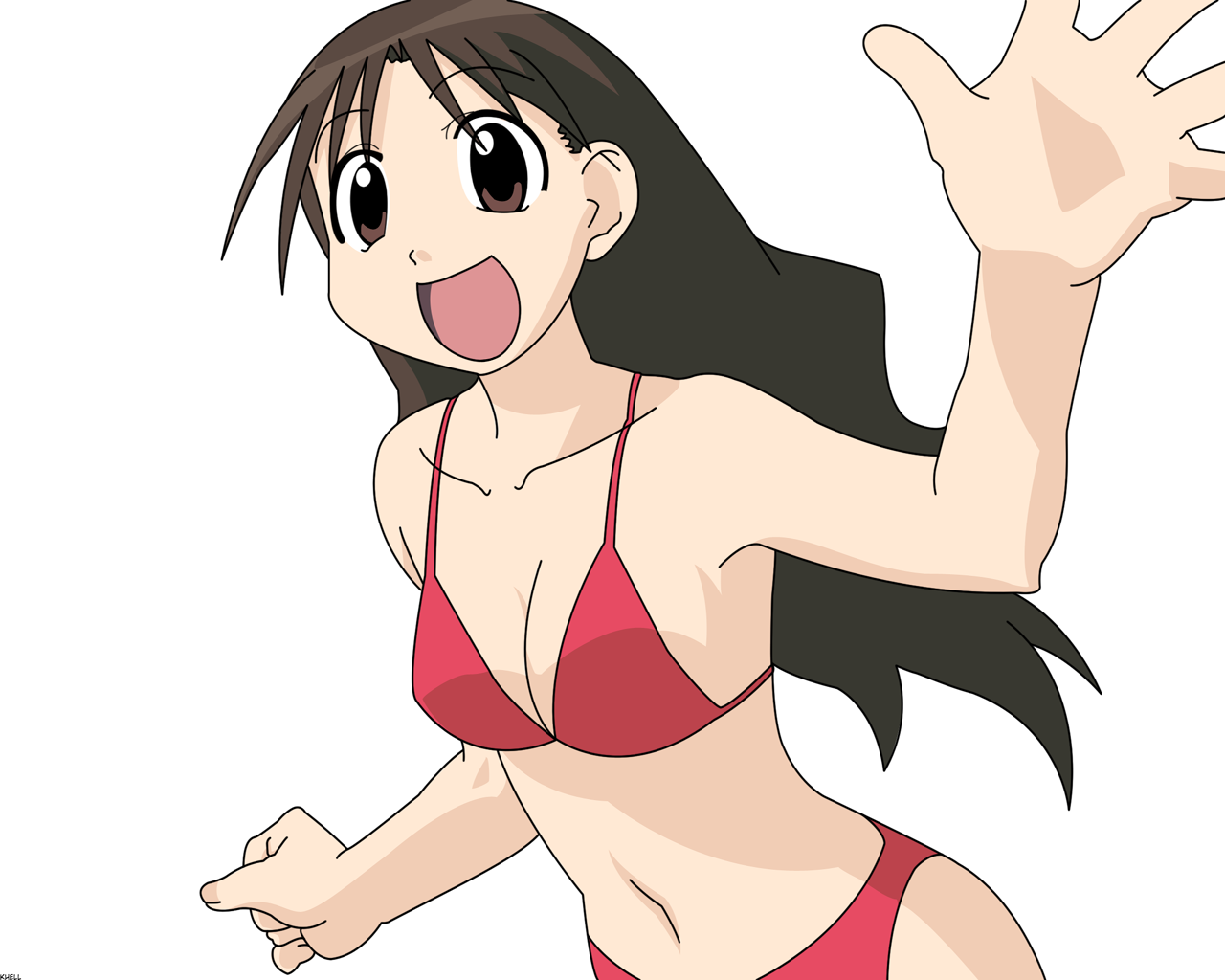 tanizaki yukari, azumanga daiou, derivative work, non-web source, vector trace, bikini, brown hair, red bikini, solo, swimsuit, waving