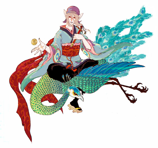 kusuriuri (mononoke), mononoke, 00s, 1boy, bandana, bird, blonde hair, blue eyes, coin, facepaint, feathers, geta, hair tie, japanese clothes, jewelry, kimono, makeup, male focus, necklace, obi, pointy ears, sash, sheath, sheathed, simple background, solo, sword, weapon, white hair, wings