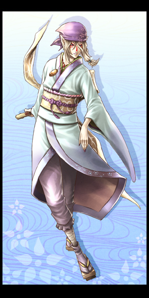 kusuriuri (mononoke), mononoke, 00s, 1boy, bandana, blonde hair, blue eyes, bow, durag, facepaint, facial mark, floral print, geta, hair tie, japanese clothes, jewelry, kimono, long hair, makeup, male focus, medallion, nail polish, necklace, obi, pointy ears, sash, sheath, sheathed, solo, sun symbol, sword, weapon