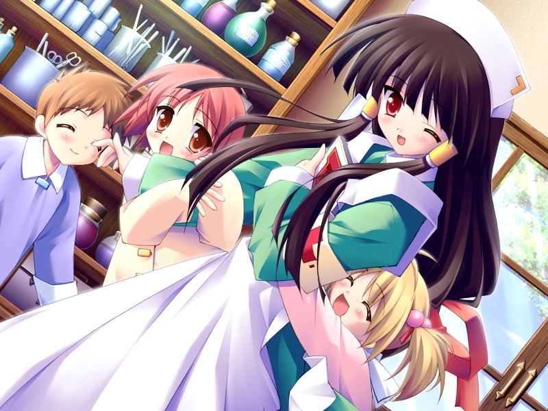 komatsu eiji, rydia arsenal, majokko a la mode, game cg, 1boy, 3girls, black hair, blonde hair, book, brown hair, child, closed eyes, hug, multiple girls, nurse, one eye closed, open mouth, pharmacy, red eyes, red hair, shelf, twintails, wink