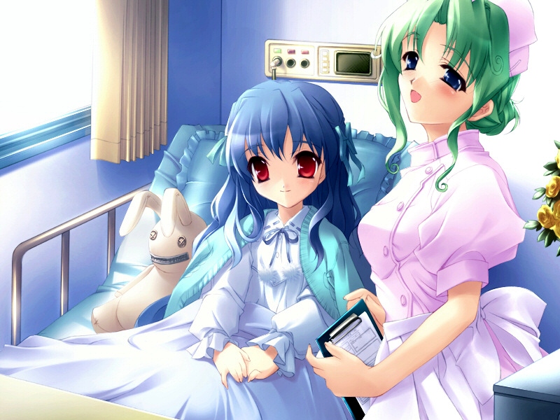 shaa, asakura yuu (konakana), kashima izumi, konata yori kanata made, game cg, 2girls, bed, blue eyes, blue hair, blush, green hair, hospital, hospital bed, hospital room, multiple girls, nurse, open mouth, red eyes, stuffed animal, stuffed rabbit, stuffed toy