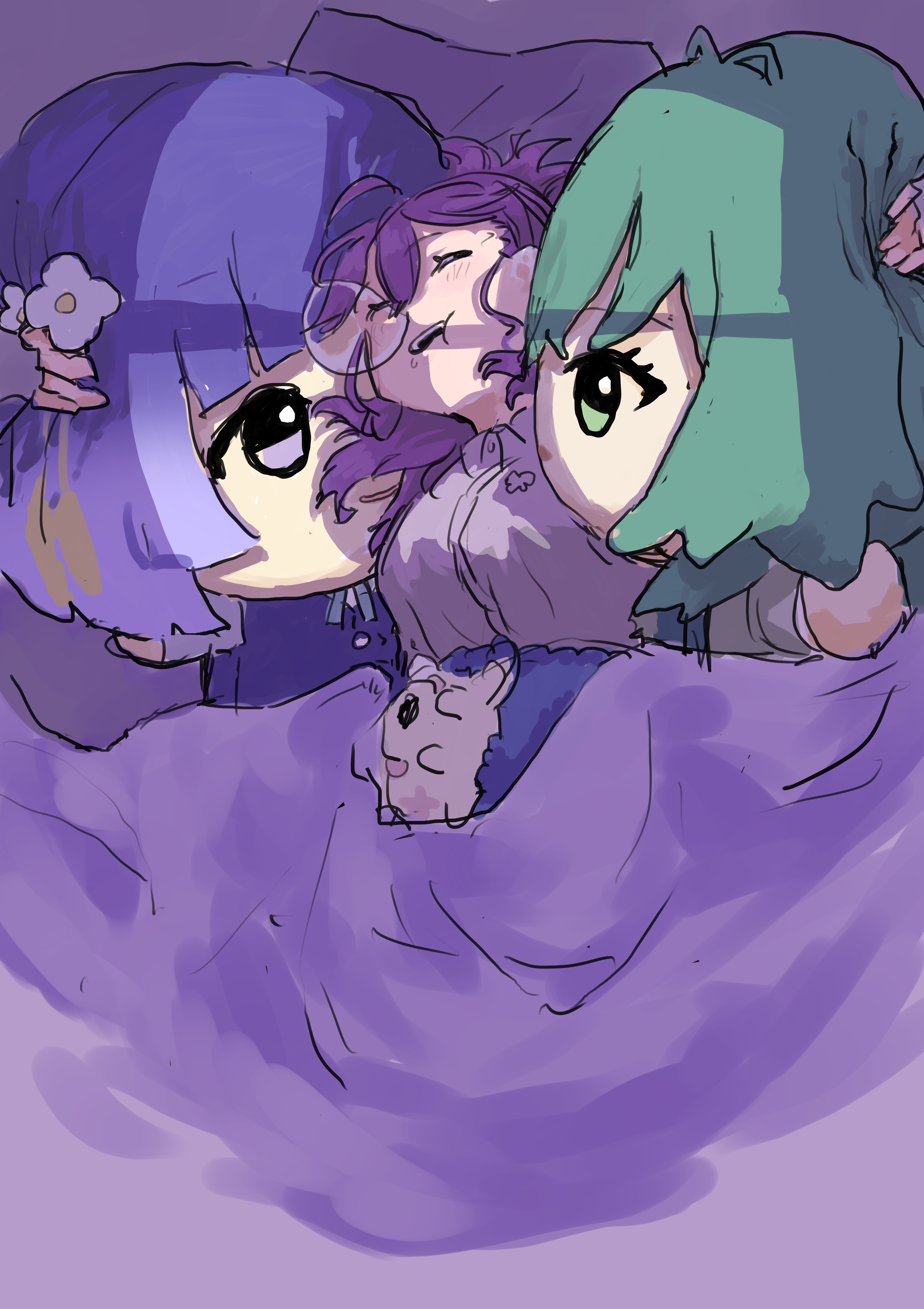 izon (wwuc2358), hataya misuzu, kaya rinha, tsukimura temari, gakuen idolmaster, idolmaster, absurdres, highres, 1girl, character doll, chibigurumi, doll, hugging doll, hugging object, lying, nose bubble, on back, oversized object, purple hair, sketch, sleeping, solo, stuffed hedgehog, under covers