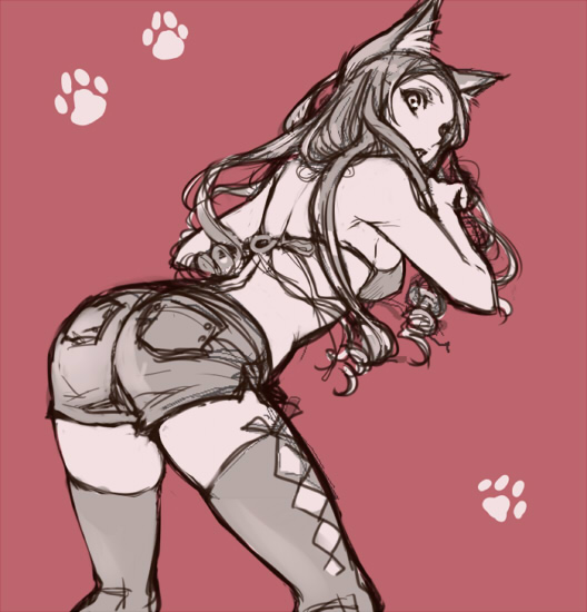 animal ears, bikini, bikini top only, cat ears, shorts, sketch, solo, swimsuit, thighhighs