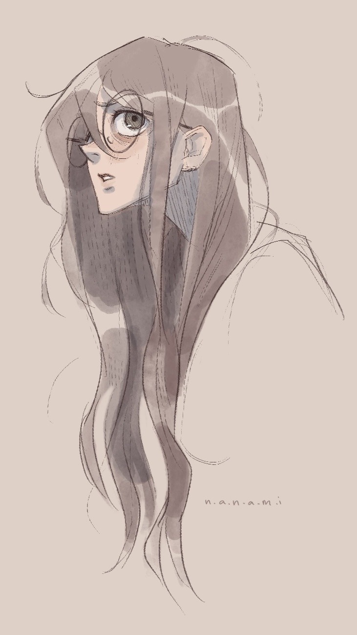 nanamis-username, fukawa toko, danganronpa (series), danganronpa another episode: ultra despair girls, highres, 1girl, artist name, eyelashes, glasses, limited palette, long hair, messy hair, round eyewear, simple background, solo