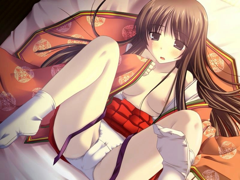 shikato miyo, nami (hoshitsuguyo), hoshitsuguyo, game cg, source request, 1girl, blush, breasts, brown eyes, brown hair, cameltoe, clothes lift, female focus, japanese clothes, lying, nipples, panties, skirt, skirt lift, socks, solo, spread legs, tabi, underwear, upskirt