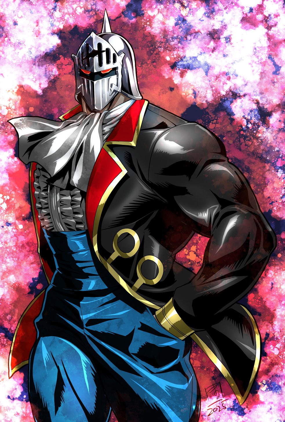 marufuji hirotaka, robin mask, kinnikuman, highres, 1boy, abs, birthday, black coat, blue pants, broad shoulders, coat, frills, hands in pockets, happy birthday, helm, helmet, long sleeves, looking at viewer, male focus, mask, muscular, muscular male, open clothes, open coat, pants, red eyes, shirt, solo, spiked helmet, standing, victorian, white shirt