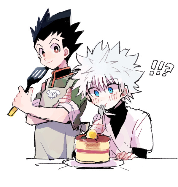 smcms-m, gon freecss, killua zoldyck, hunter x hunter, !?, 2boys, arm up, black hair, black shirt, blue eyes, blush, brown eyes, butter, closed mouth, collared jacket, crossed arms, eating, food, fork, green jacket, holding, holding fork, holding spatula, holding utensil, jacket, layered sleeves, long sleeves, looking to the side, male focus, multiple boys, pancake, pancake stack, plate, shirt, short over long sleeves, short sleeves, sideways glance, simple background, sitting, smile, spatula, standing, turtleneck, v-neck, white background, white hair, white shirt, widow's peak