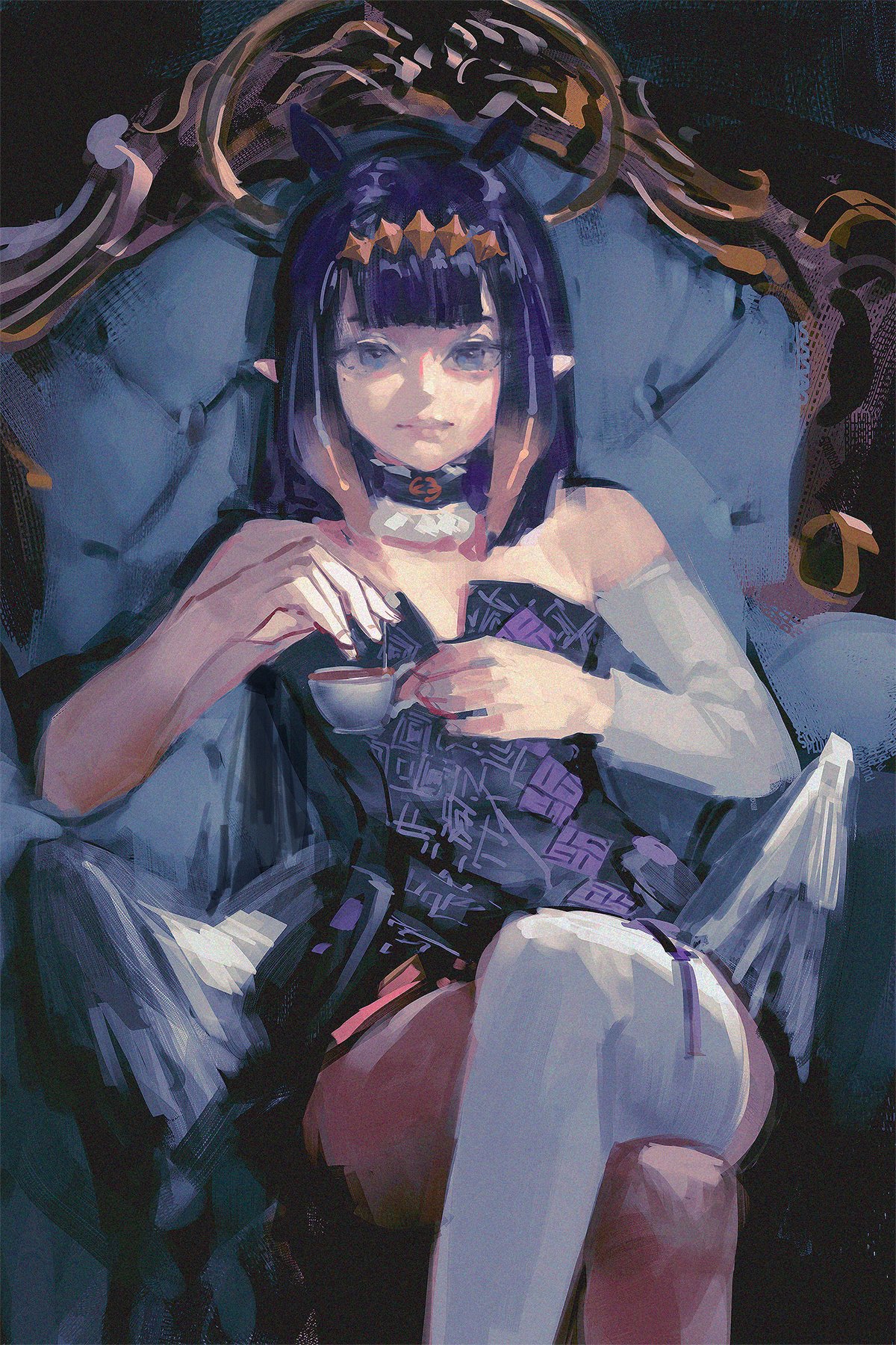 pluvium grandis, ninomae ina'nis, ninomae ina'nis (1st costume), hololive, hololive english, highres, 1girl, black dress, blue eyes, closed mouth, crossed legs, cup, diamond hairband, dress, gradient hair, hairband, holding, holding cup, long hair, looking at viewer, low wings, multicolored hair, orange hair, orange hairband, pointy ears, purple hair, single thighhigh, sitting, solo, strapless, strapless dress, teacup, tentacle hair, thighhighs, tube dress, virtual youtuber, white thighhighs, wings