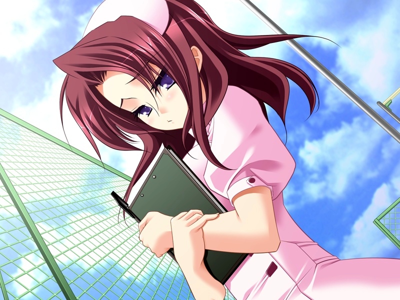 kagohara asuka, happy hospital!, game cg, source request, 1girl, blue eyes, book, chain-link fence, female focus, fence, from below, looking down, looking up, nurse, pen, purple hair, rooftop, solo, sulking
