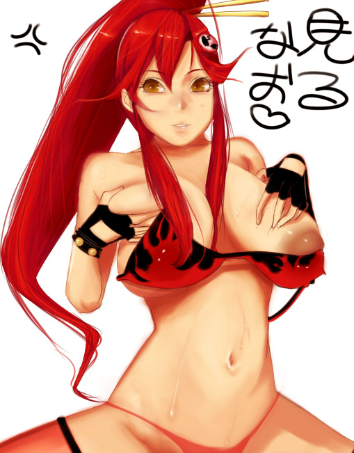 cevoy, yoko littner, tengen toppa gurren lagann, translation request, 00s, 1girl, bikini, bikini top only, blush, breasts, cleavage, covered erect nipples, female focus, huge breasts, nipples, ponytail, solo, swimsuit, thighhighs