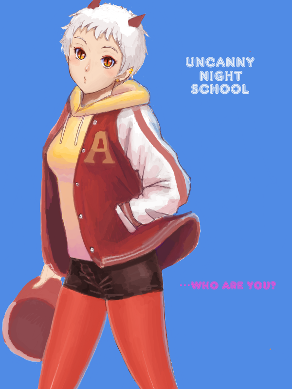 k.exa, original, commentary request, 1girl, black shorts, blue background, breasts, buttons, cowboy shot, demon girl, demon horns, ear piercing, earrings, english text, hand in pocket, hat, holding, holding unworn clothes, holding unworn hat, hood, hood down, hoodie, horns, jacket, jacket over hoodie, jewelry, letterman jacket, open clothes, open jacket, orange eyes, pantyhose, piercing, pointy ears, red horns, red jacket, red pantyhose, short hair, short shorts, shorts, simple background, slit pupils, solo, unworn hat, unworn headwear, very short hair, white hair, yellow hoodie