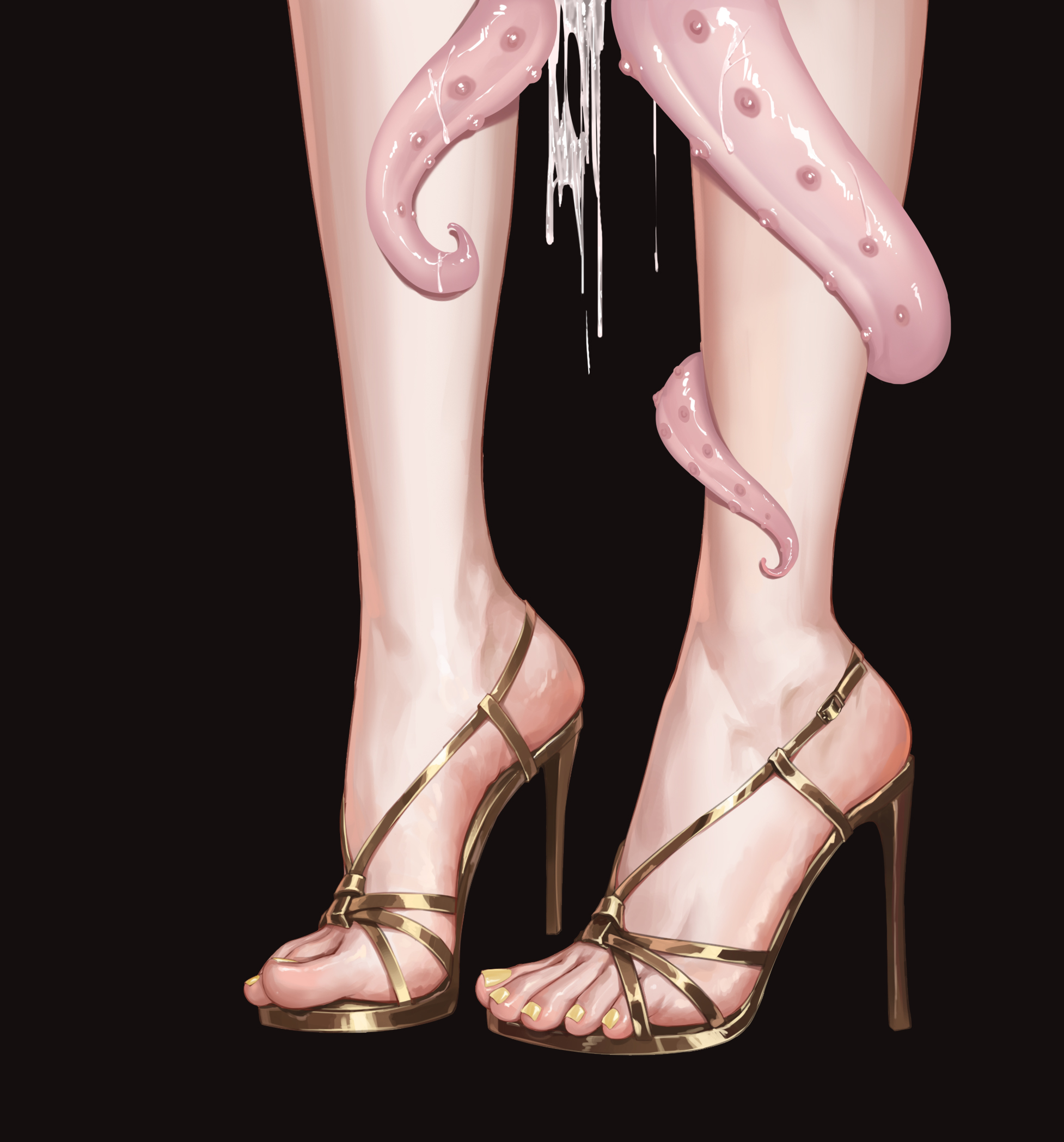 liang mu, gold footwear, highres, 1girl, black background, close-up, cum, cumdrip, feet, foot focus, gladiator sandals, high heels, legs, lower body, nail polish, out of frame, sandals, simple background, solo, standing, stiletto heels, strappy heels, suggestive fluid, tentacles, toenail polish, toenails, toes, yellow nails