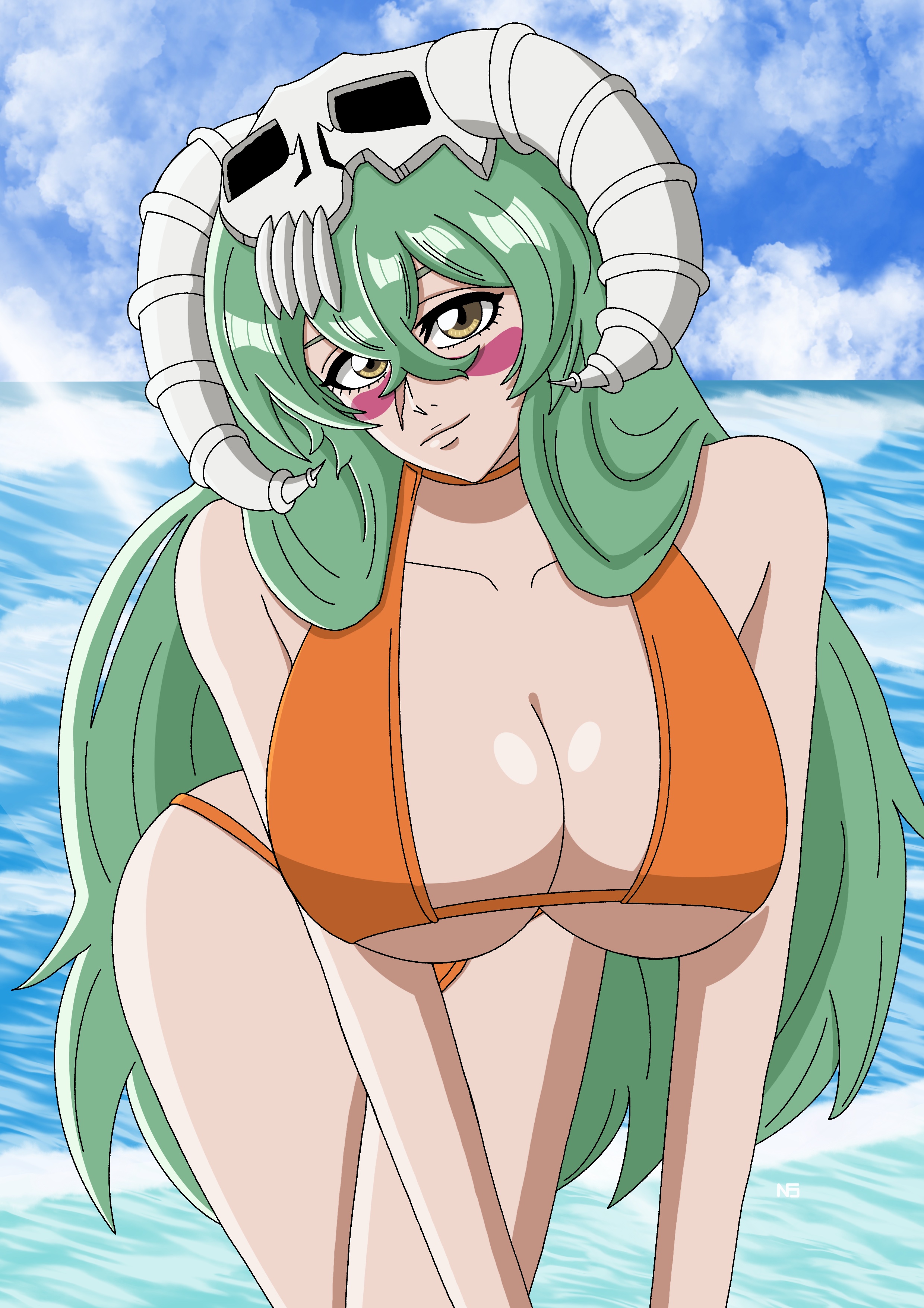 nelliel tu odelschwanck, bleach, absurdres, highres, 1girl, bikini, breasts, cleavage, espada, green hair, huge breasts, long hair, official alternate costume, solo, swimsuit, underboob