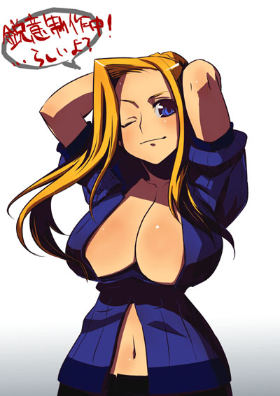 makishima azusa, blonde hair, blue eyes, breasts, cleavage, huge breasts, long hair, navel, no bra, one eye closed, solo, underboob, wink