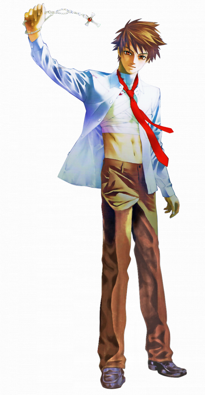 aono tsukune, rosario+vampire, highres, 00s, bandages, brown hair, cross, male focus, necktie, open clothes, open shirt, shirt, solo