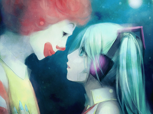 menou kururu, hatsune miku, ronald mcdonald, mcdonald's, mienai yoru ni (vocaloid), psycho-puzzle, vocaloid, 1boy, 1girl, couple, eye contact, green eyes, green hair, headphones, hetero, looking at another, tears, what