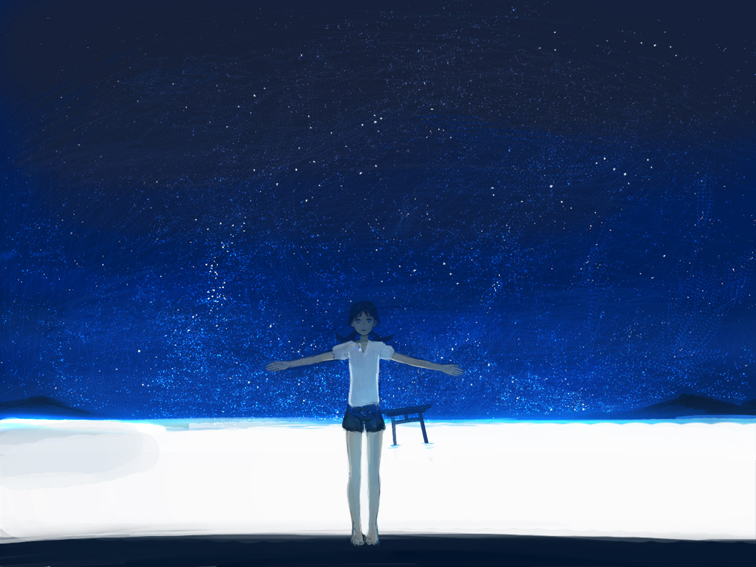 sime (echo), tamai shiina, narutaru, md5 mismatch, 1girl, barefoot, blue eyes, female focus, night, night sky, ocean, outstretched arms, shirt, shorts, sky, solo, spread arms, star (sky), star (symbol), starry sky, t-shirt, torii, twintails