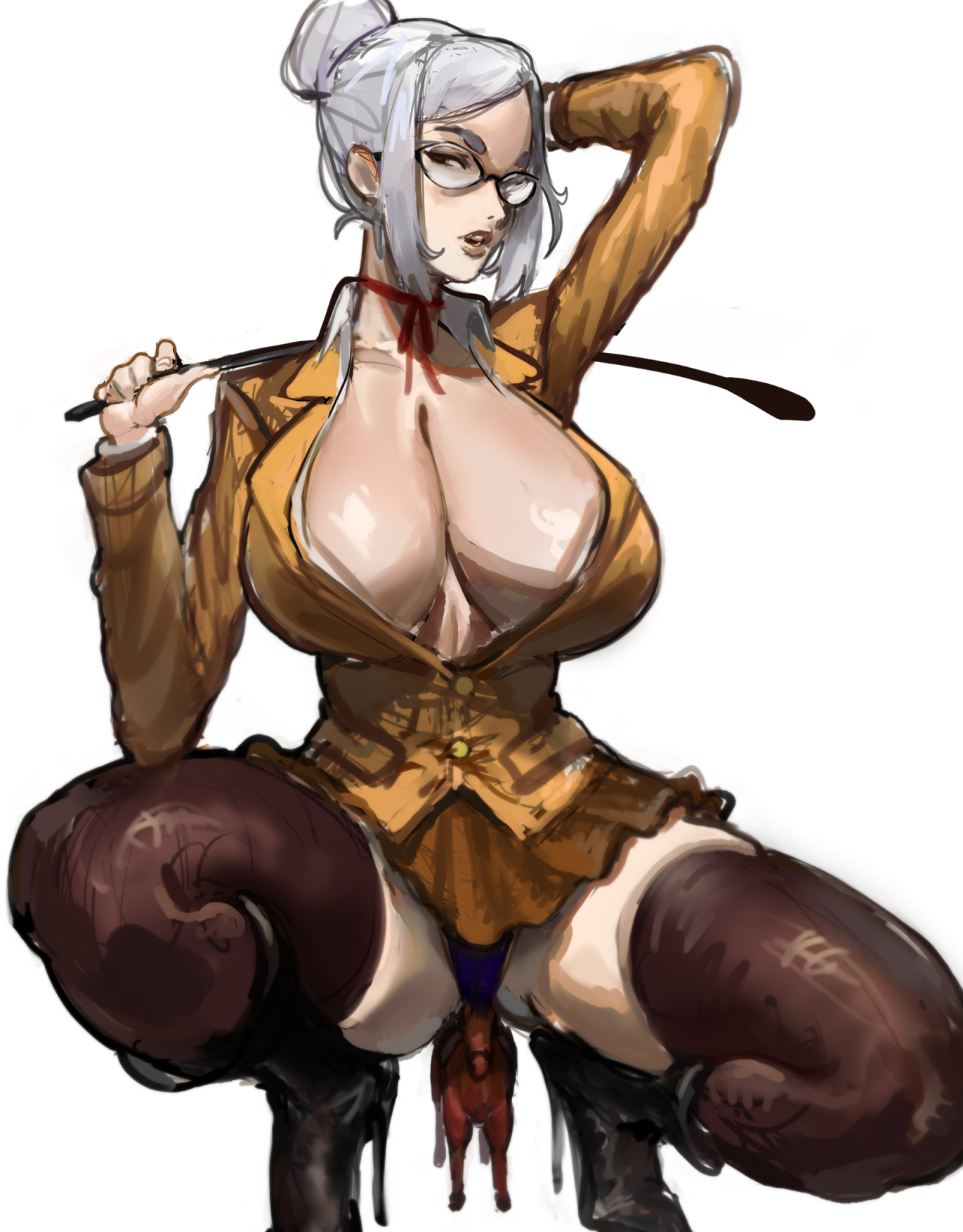 nero (neroartbox), shiraki meiko, prison school, highres, 1girl, arm behind head, boots, breasts, brown eyes, choker, cleavage, glasses, grey hair, hair bun, high heel boots, high heels, holding, holding riding crop, horse, huge breasts, looking at viewer, miniskirt, open clothes, over shoulder, panties, riding crop, school uniform, shirt, simple background, single hair bun, skirt, solo, squatting, thighhighs, underwear, weapon, weapon over shoulder, white background