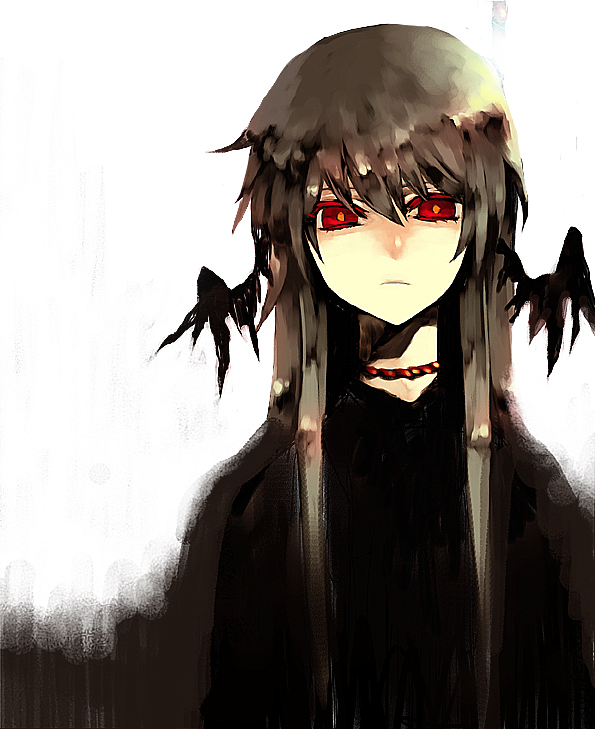 fori, rin (harakiri), bad id, bad pixiv id, black hair, brown hair, choker, glowing, glowing eyes, head wings, long hair, red eyes, wings