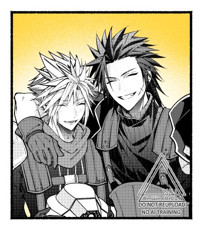 yunyunonigiri, cloud strife, zack fair, crisis core final fantasy vii, final fantasy, final fantasy vii, lowres, 2boys, arm around shoulder, armor, blush, border, closed eyes, cross scar, facial scar, gloves, grin, hair between eyes, hair slicked back, helmet, holding, holding unworn helmet, male focus, medium hair, monochrome, multiple boys, open mouth, parted lips, pauldrons, scar, scar on cheek, scar on face, scarf, shinra infantry uniform, short hair, shoulder armor, sideburns, sleeveless, sleeveless turtleneck, smile, spiked hair, suspenders, turtleneck, twitter username, unworn headwear, unworn helmet, white border, yellow background