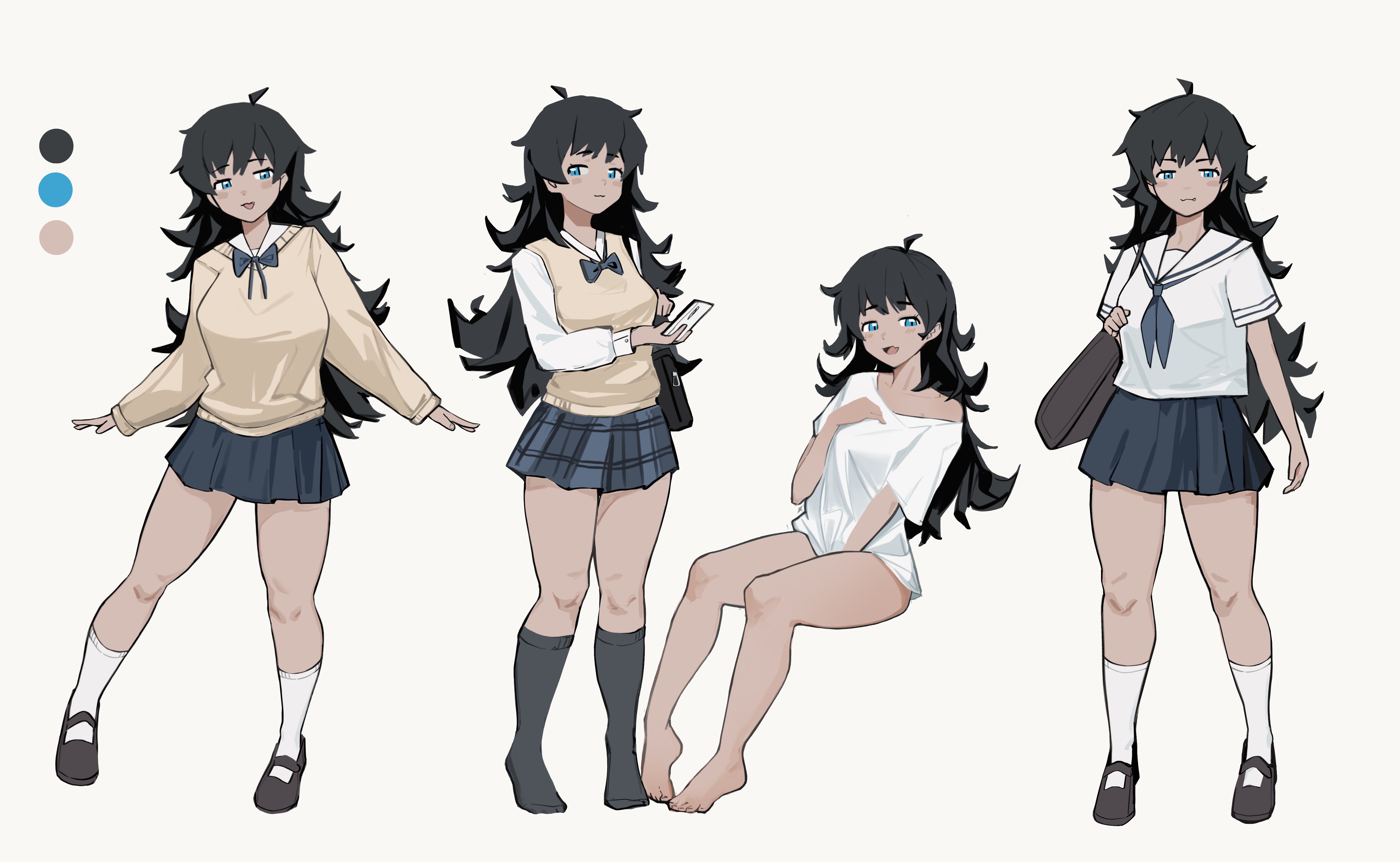baisebandaoti1, original, absurdres, commentary, highres, 1girl, ahoge, bag, barefoot, black bag, black hair, black shoes, blue bow, blue eyes, blue neckerchief, blue skirt, blush, bottomless, bow, breasts, closed mouth, color guide, dark-skinned female, dark skin, eyelashes, full body, holding, holding bag, legendary super saiyan, long hair, multiple views, neckerchief, open mouth, sailor collar, school uniform, serafuku, shirt, shoes, short sleeves, simple background, single bare shoulder, sitting, skirt, smile, socks, standing, super saiyan, sweater, vest, white background, white sailor collar, white shirt, white socks, yellow sweater, yellow vest