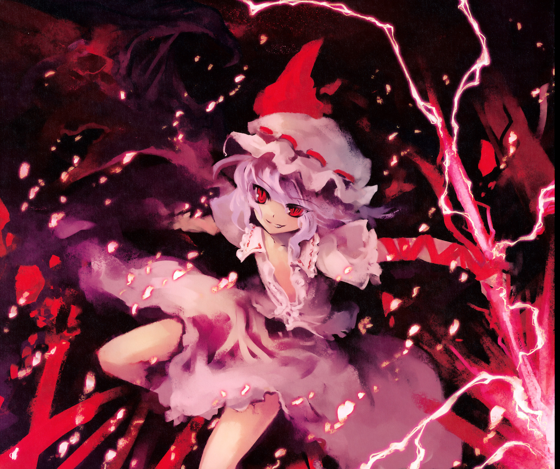 tokiame, remilia scarlet, touhou, highres, 1girl, dress, female focus, gradient background, hat, mob cap, polearm, purple hair, red eyes, smile, solo, spear, spear the gungnir, weapon, wings