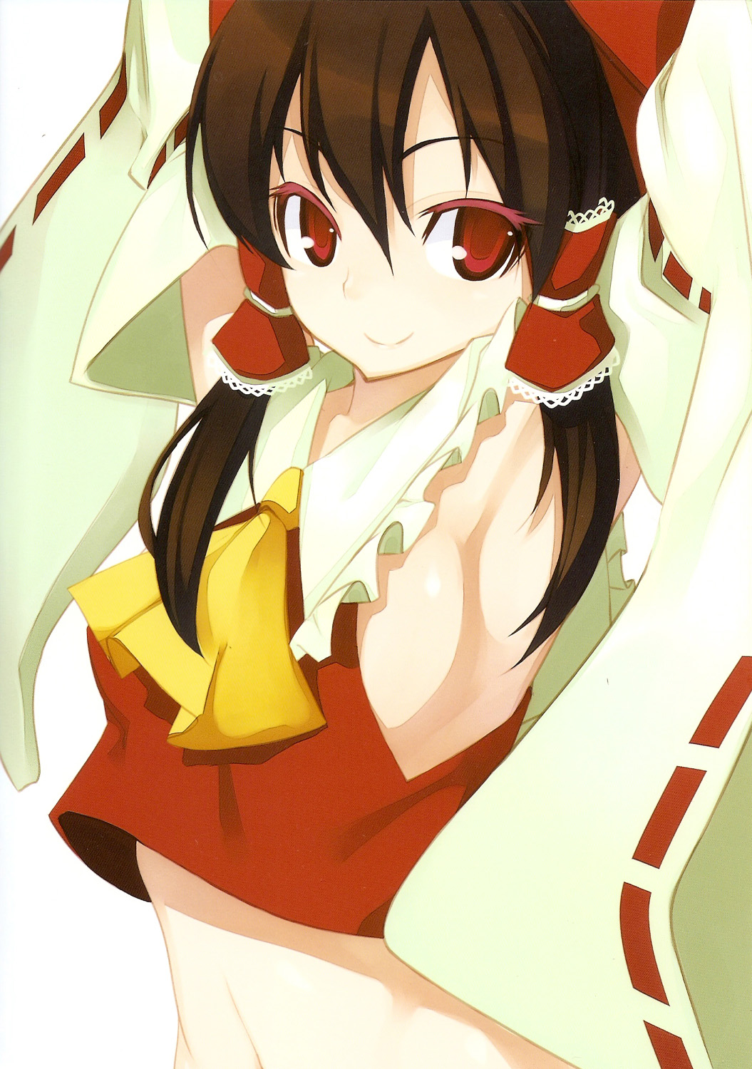 shingo (missing link), hakurei reimu, touhou, highres, 1girl, armpits, arms up, breasts, brown hair, colored eyelashes, detached sleeves, eyelashes, female focus, japanese clothes, long hair, midriff, miko, navel, red eyes, sideboob, simple background, smile, solo, upper body, white background