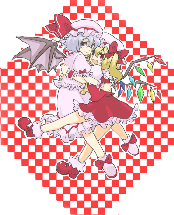 nugaa, flandre scarlet, remilia scarlet, touhou, 2girls, female focus, hat, hug, multiple girls, siblings, sisters, skirt, white background, wings