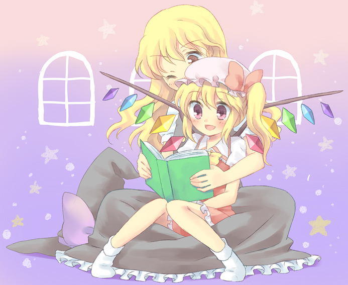 kuguri oimo, flandre scarlet, kirisame marisa, touhou, 2girls, :d, black dress, blonde hair, blush, book, child, crystal, dress, female focus, hat, height difference, mob cap, multiple girls, open book, open mouth, puffy short sleeves, puffy sleeves, reading, red dress, red eyes, short sleeves, sitting, smile, tareme, wings