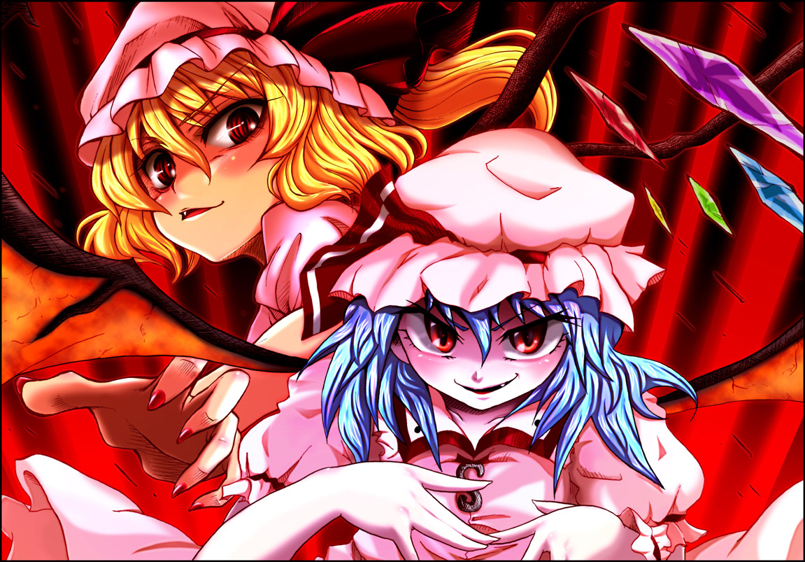 uousa-ou, flandre scarlet, remilia scarlet, touhou, 2girls, female focus, multiple girls, siblings, sisters, wings