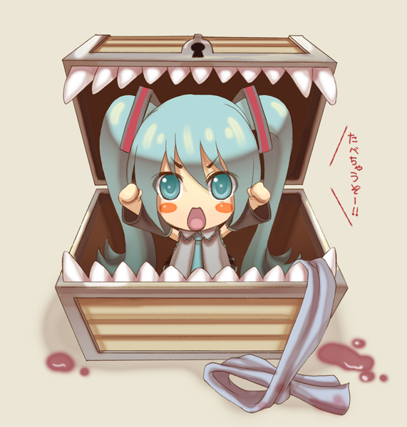 terumii, hatsune miku, mimic chest, vocaloid, bad id, bad pixiv id, translated, 1girl, blood, blush, chibi, detached sleeves, female focus, green eyes, green hair, long hair, matching hair/eyes, mimic, monster, necktie, scarf, solo, text focus, twintails