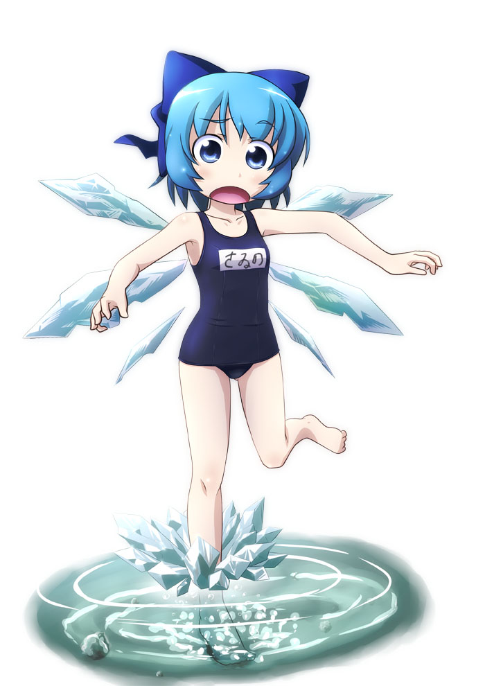 kusaba, kusaba (kusabashiki), cirno, touhou, 1girl, barefoot, bow, feet, female focus, ice, one-piece swimsuit, school swimsuit, solo, surprised, swimsuit, tareme, water