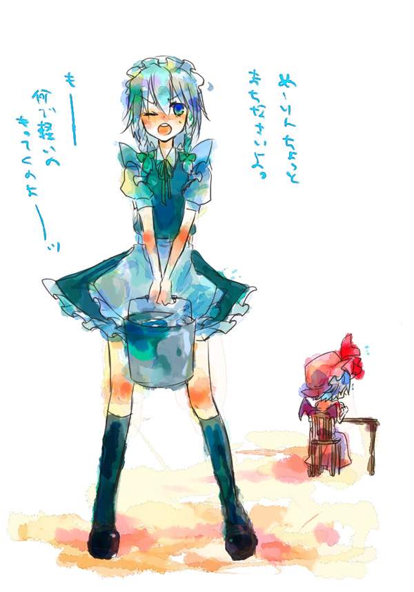 minase (mmakina), izayoi sakuya, remilia scarlet, touhou, 2girls, ;o, black socks, blue dress, blush, bucket, dress, female focus, from behind, kneehighs, looking at viewer, multiple girls, one eye closed, puffy short sleeves, puffy sleeves, purple hair, red dress, round teeth, short hair, short sleeves, simple background, socks, standing, teeth, thighhighs, twintails, white background, zettai ryouiki