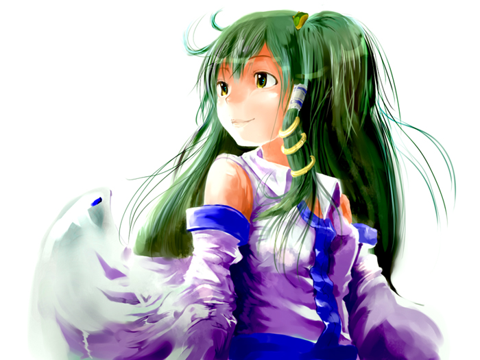 yae (mono110), kochiya sanae, touhou, 1girl, bare shoulders, closed mouth, detached sleeves, female focus, frog hair ornament, green eyes, green hair, hair ornament, long sleeves, looking afar, matching hair/eyes, simple background, smile, snake hair ornament, solo, upper body, vest, white background