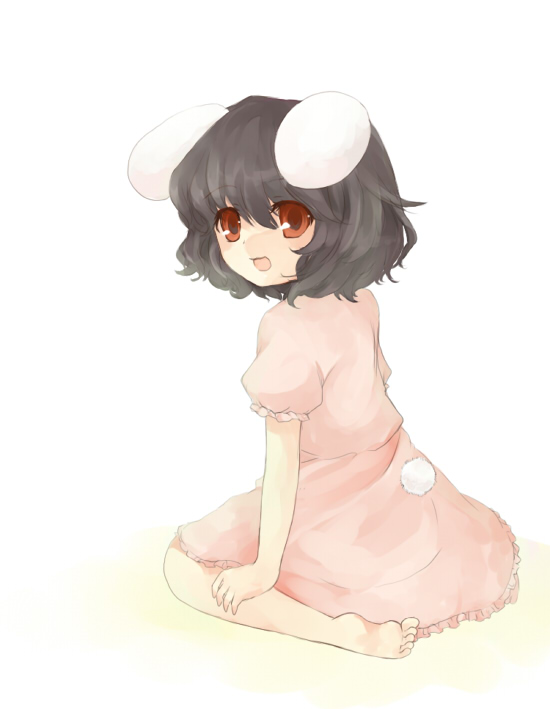 sakaki chihiro, inaba tewi, touhou, 1girl, :d, animal ears, barefoot, black hair, female focus, looking at viewer, open mouth, puffy short sleeves, puffy sleeves, rabbit ears, rabbit girl, rabbit tail, red eyes, short hair, short sleeves, smile, solo, tail, tareme