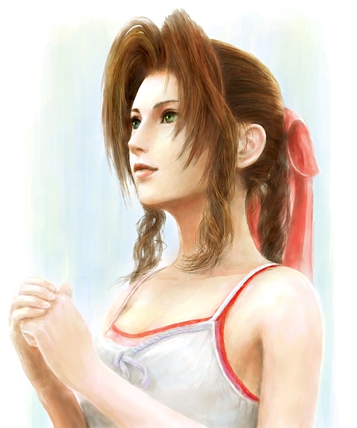 fm77 (artist), aerith gainsborough, crisis core final fantasy vii, final fantasy, final fantasy vii, 1990s (style), 1girl, bow, braid, brown hair, female focus, green eyes, long hair, pink bow, retro artstyle, ribbon, solo